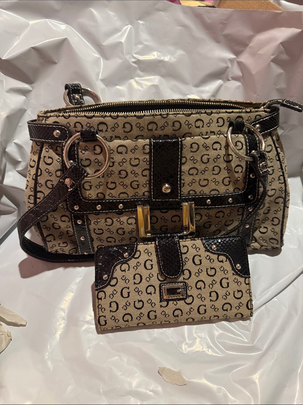 Guess Beige and Dark Brown Monogram Shoulder Bag with Matching Wallet